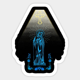 Cross above the Mother of God / Virgin Mary with beautiful flowers around Sticker